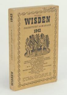 Wisden Cricketers’ Almanack 1942. 79th edition. Original limp cloth covers. Only 4100 paper copies printed in this war year. Ink signature to top edge of the front wrapper, slight discolouration to covers and spine otherwise in good/very good condition. R