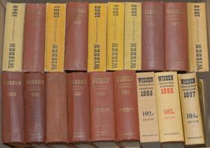 Wisden Cricketers’ Almanack 1949 to 2022. The majority are original hardback editions with dustwrappers (forty nine editions) where applicable and the remainder of softback editions (twenty three). Some wear to some older hardback editions with broken int