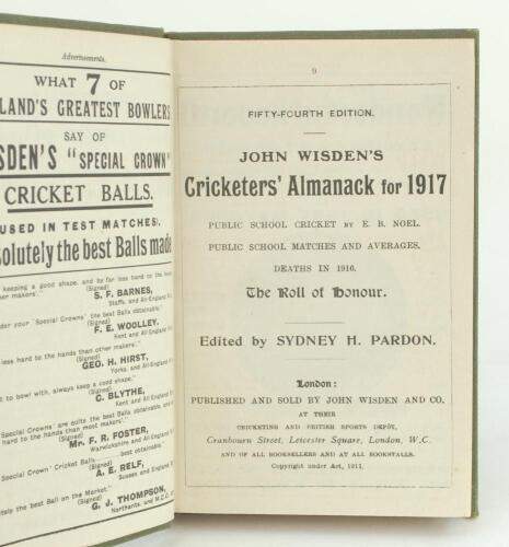 Wisden Cricketers’ Almanack 1917. 54th edition. Bound in green boards, lacking original paper wrappers, with gilt titles to spine, red speckled pages edges. Good/very good condition. Rare war-time edition