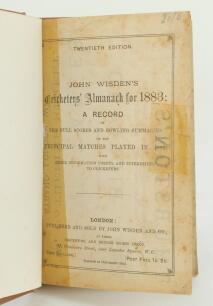 Wisden Cricketers’ Almanack 1883. 20th edition. Bound in brown boards, lacking original paper wrappers, with gilt titles to spine. Old tape repairs to title page and two advertising pages to rear, soiling to ‘contents’ page, lacking first and last adverti