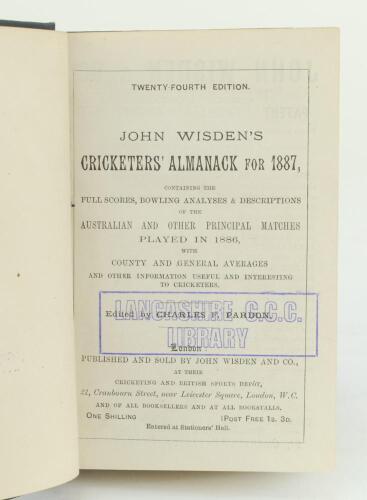 Wisden Cricketers’ Almanack 1887. 24th edition. Bound in blue/green boards, lacking original paper wrappers, with gilt titles to spine. Lacking front and rear advertising pages otherwise in good/very good condition. Former Lancashire C.C.C. library editio