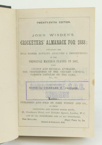 Wisden Cricketers’ Almanack 1888. 25th edition. Bound in blue/green boards, lacking original paper wrappers, with gilt titles to spine. Lacking front and rear advertising pages otherwise in good/very good condition. Former Lancashire C.C.C. library editio