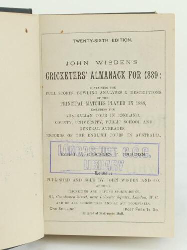 Wisden Cricketers’ Almanack 1889. 26th edition. Bound in blue/green boards, lacking original paper wrappers, with gilt titles to spine. Lacking front and rear advertising pages otherwise in good/very good condition. Former Lancashire C.C.C. library editio