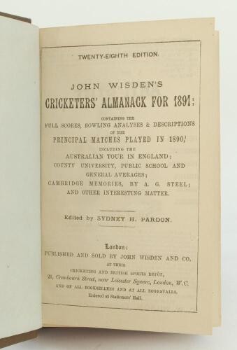 Wisden Cricketers’ Almanack 1891. 28th edition. Bound in brown boards, lacking original paper wrappers, with gilt titles to spine, red speckled page edges. Broken spine block, one page cleanly detached, lacking one advertising page at the rear otherwise i