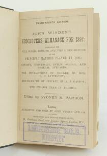 Wisden Cricketers’ Almanack 1892. 29th edition. Bound in blue/green boards, lacking original paper wrappers, with gilt titles to spine. Lacking front and rear advertising pages, some breaking to spine block, odd page section detached, otherwise in good/v