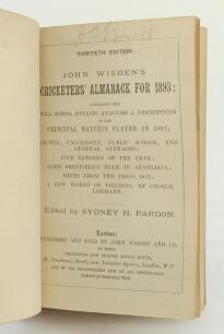 Wisden Cricketers’ Almanack 1893. 30th edition. Bound in brown boards, lacking original paper wrappers, with gilt titles to front board and spine, mottled page edges. Lacking one advertising page at the front and all rear advertising pages otherwise in go