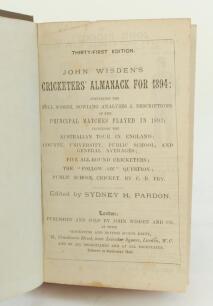 Wisden Cricketers’ Almanack 1894. 31st edition. Bound in brown boards, lacking original paper wrappers, with gilt titles to spine, red speckled page edges. Lacking one advertising page at the front and three rear advertising pages otherwise in good/very g