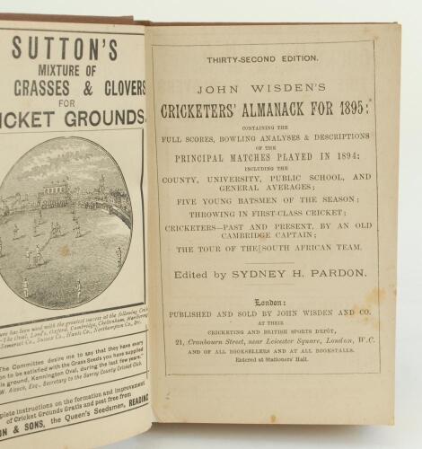 Wisden Cricketers’ Almanack 1895. 32nd edition. Bound in brown boards, lacking original paper wrappers, with gilt titles to front board and spine, mottled page edges. Some wear to the last two advertising pages, odd minor faults otherwise in good/very goo