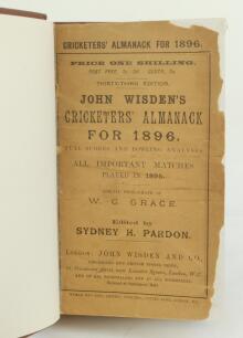 Wisden Cricketers’ Almanack 1896 and 1897. 33rd & 34th editions. The 1896 edition bound in brown boards, with original front paper wrapper, lacking rear wrapper, with gilt titles to spine. Wear, some loss to edges and restoration to front wrapper, some we