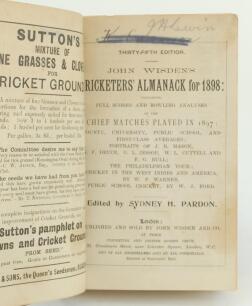 Wisden Cricketers’ Almanack 1898 and 1899. 35th & 36th editions. Both editions bound in brown boards, lacking original wrappers, with gilt titles to front board and spine. The 1898 edition with soiled first advertising page and a repair to lower corner, l