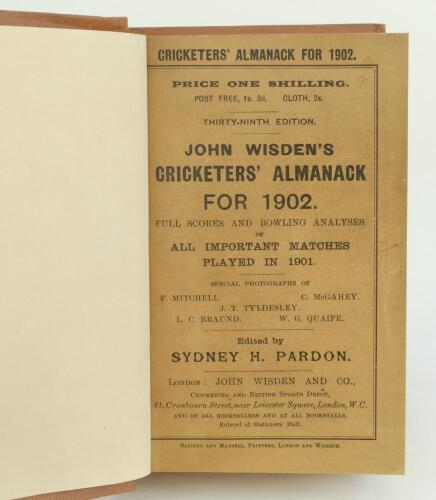 Wisden Cricketers’ Almanack 1902. 39th edition. Bound in light brown boards, with original paper wrappers, gilt titles to front board and spine, mottled page edges. Small brown pieces of tape attached to the back edge of both wrappers otherwise in very go