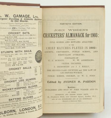 Wisden Cricketers’ Almanack 1903, 1904 and 1905. 40th, 41st & 42nd editions. All three editions bound in brown boards, lacking original paper wrappers, gilt titles to spine. The 1903 edition lacking first and last advertising page, wear with loss to the b