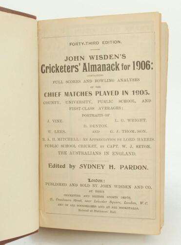 Wisden Cricketers’ Almanack 1906, 1907 and 1908. 43rd, 44th & 45th editions. All three editions bound in brown boards, lacking original paper wrappers, gilt titles to spine. The 1906 edition lacking advertising pages at front and rear, the 1907 edition wi