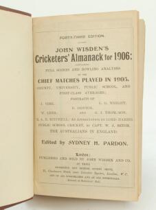 Wisden Cricketers’ Almanack 1906, 1907 and 1908. 43rd, 44th & 45th editions. All three editions bound in brown boards, lacking original paper wrappers, gilt titles to spine. The 1906 edition lacking advertising pages at front and rear, the 1907 edition wi