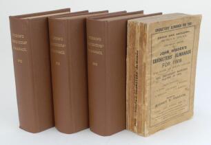 Wisden Cricketers’ Almanack 1909, 1910, 1911 and 1912. 46th, 47th, 48th & 49th editions. The last three editions bound in brown boards, lacking original paper wrappers, gilt titles to spine. The 1909 edition with original wrappers, breaking to spine block