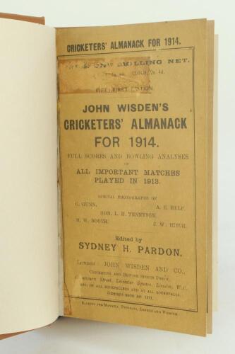 Wisden Cricketers’ Almanack 1914. 51st edition. Bound in light brown boards, original paper wrappers, with gilt titles to front board and spine. Old tape marks to wrappers, some breaking to front and rear internal hinges otherwise in good+ condition