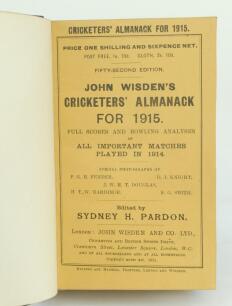 Wisden Cricketers’ Almanack 1915. 52nd edition. Bound in half leather boards, original paper wrappers, with raised bands and gilt titles to spine. Good/very good condition