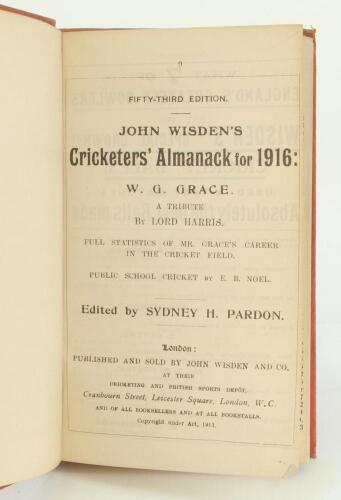 Wisden Cricketers’ Almanack 1916. 53rd edition. Bound in red boards, lacking original paper wrappers, with gilt titles to spine. Lacking advertising pages to front and rear otherwise in good/very good condition. Rare war-time edition