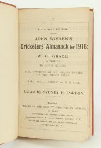 Wisden Cricketers’ Almanack 1916. 53rd edition. Bound in red boards, lacking original paper wrappers, with gilt titles to spine. Lacking advertising pages to front and rear otherwise in good/very good condition. Rare war-time edition