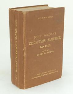 Wisden Cricketers’ Almanack 1922. 59th edition. Original hardback. Some creasing and wear to spine, some wear and minor bumping to board extremities, light creasing to rear board otherwise in good condition