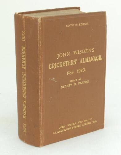 Wisden Cricketers’ Almanack 1923. 60th edition. Original hardback. Minor crease to spine, some minor wear to board extremities otherwise in good/very good condition with gilt titles bright