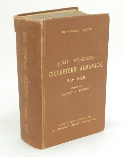 Wisden Cricketers’ Almanack 1925. 62nd edition. Original hardback. Wear, some damage with splitting to spine extremities, dulling to gilt titles on the spine paper, minor wear to boards, breaking to rear internal hinges, handwritten ink name of ownership 