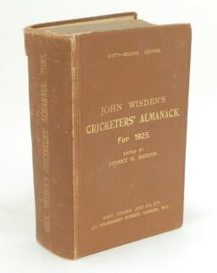 Wisden Cricketers’ Almanack 1925. 62nd edition. Original hardback. Wear, some damage with splitting to spine extremities, dulling to gilt titles on the spine paper, minor wear to boards, breaking to rear internal hinges, handwritten ink name of ownership 