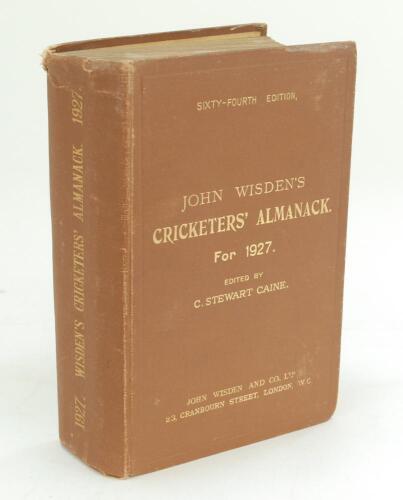 Wisden Cricketers’ Almanack 1927. 64th edition. Original hardback. Wear and slight damage with splitting to the head of the spine paper, odd marks and wear to the boards at front and rear, some soiling to top edge of page block otherwise in good/very good