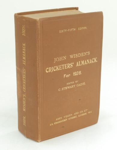 Wisden Cricketers’ Almanack 1928. 65th edition. Original hardback. Odd marks and signs of minor wear to boards and spine paper otherwise in very good condition with bright gilt titles