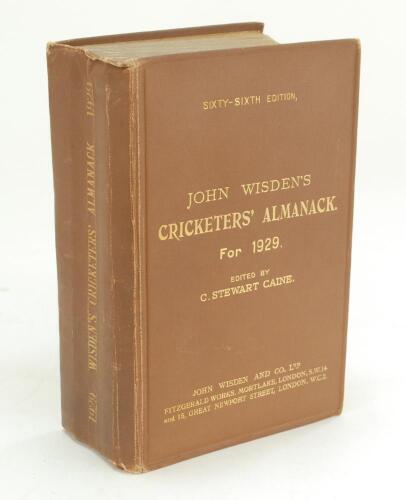 Wisden Cricketers’ Almanack 1929. 66th edition. Original hardback. Some wrinkling and wear to spine paper, minor wear to internal hinges otherwise in very good condition with bright gilt titles