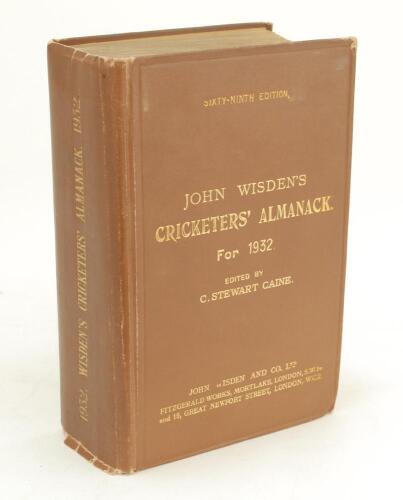 Wisden Cricketers’ Almanack 1932. 69th edition. Original hardback. Some minor wear to boards, corners of boards and spine paper otherwise in good/very good condition with bright gilt titles