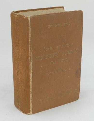 Wisden Cricketers’ Almanack 1934. 71st edition. Original hardback. Wear and slight staining to boards and spine, dulling to gilt titles on front board and spine, some heavier wear to board extremities, repair to front internal hinge, wear to rear, small p