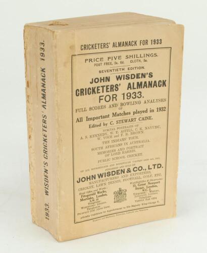 Wisden Cricketers’ Almanack 1933. 70th edition. Original paper wrappers. Some wear and fading to spine otherwise in good+ condition