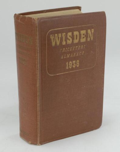 Wisden Cricketers’ Almanack 1938. 75th edition. Original hardback. Wear to boards and spine paper, dulling to gilt titles, breaking to front internal hinge, wear to head and base of spine paper, some soiling to page block otherwise in good condition