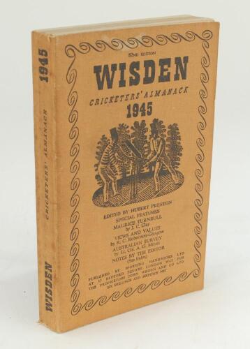 Wisden Cricketers’ Almanack 1945. 82nd edition. Original limp cloth covers. Only 6500 paper copies printed in this war year. Minor wear and odd mark to covers, minor marks to page block otherwise in good+ condition. Rare war-time edition