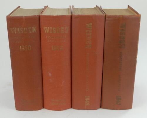 Wisden Cricketers’ Almanack 1947 to 1950. Original hardback editions. All editions with some faults and all editions with dulling or dulled gilt titles to spine and boards. The 1947 edition with wear to boards, broken front and rear internal hinges, crea