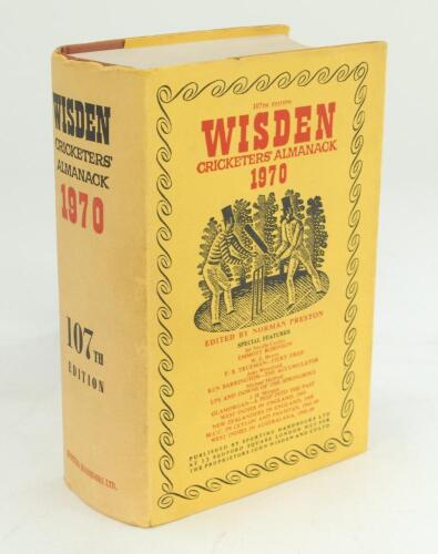 Wisden Cricketers’ Almanack 1970. Original hardback with dustwrapper. Mark and minor soiling to rear dustwrapper otherwise in good/very good condition