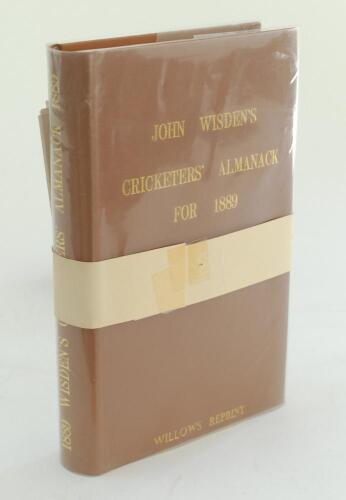 Wisden Cricketers’ Almanack 1889. Willows softback reprint (1990) in light brown hardback covers with gilt lettering. Limited edition 409/500. In un-opened condition with white band attached as issued. Very good condition with original receipt from Willlo