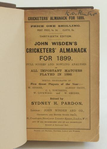 Wisden Cricketers’ Almanack 1899. 36th edition. Bound in dark brown boards, with original wrappers, gilt titles to spine. Handwritten name of ownership in ink to the top border of the front wrapper, very minor age toning to wrapper edges otherwise in good