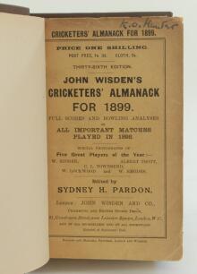 Wisden Cricketers’ Almanack 1899. 36th edition. Bound in dark brown boards, with original wrappers, gilt titles to spine. Handwritten name of ownership in ink to the top border of the front wrapper, very minor age toning to wrapper edges otherwise in good