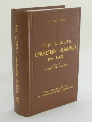 Wisden Cricketers’ Almanack 1905. Willows hardback reprint (1998) in dark brown boards with gilt lettering. Limited edition 379/500. Very good condition