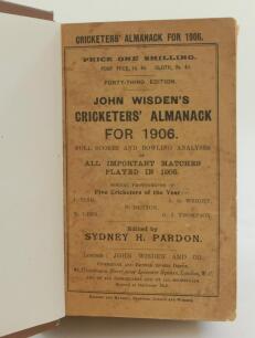 Wisden Cricketers’ Almanack 1906. 43rd edition. Bound in brown boards, with original wrappers, gilt titles to spine. Some soiling and staining to wrappers otherwise in good condition