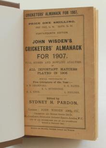 Wisden Cricketers’ Almanack 1907. 44th edition. Bound in brown boards, with original wrappers, gilt titles to spine. Very minor age toning to wrapper edges otherwise in good/very good condition