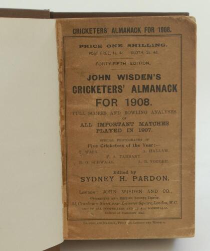 Wisden Cricketers’ Almanack 1908. 45th edition. Bound in dark brown boards, with original wrappers, gilt titles to spine. Some wear and darkening to wrappers otherwise in good condition