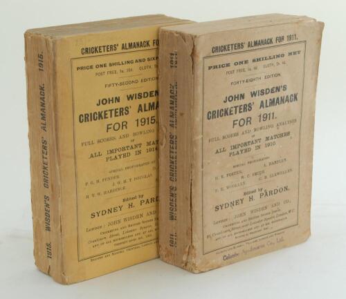 Wisden Cricketers’ Almanack 1911 and 1915. 48th & 52nd editions. Original wrappers. The 1911 with some wear, age toning and fading to wrappers, wear to spine with some loss, soiling to page block otherwise in good condition. The 1915 edition in good condi