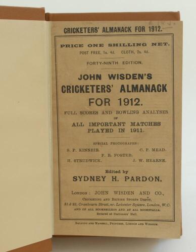 Wisden Cricketers’ Almanack 1912. 49th edition. Bound in dark brown boards, with original wrappers, gilt titles to spine. Trimming a little tight in odd places otherwise in very good condition