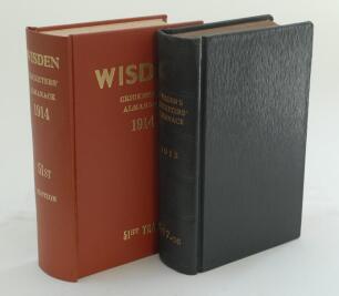 Wisden Cricketers’ Almanack 1913 and 1914. 50th & 51st editions. The 1913 edition bound in black leather boards, with original wrappers, gilt titles to spine. Ex Huddersfield Library. Trimming a little tight in odd places, minor wear and slight soiling to