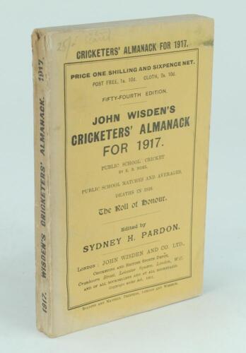 Wisden Cricketers’ Almanack 1917. 54th edition. Original paper wrappers. Minor marks to corner of front wrapper, minor wear to the head of the spine paper, slight vertical discolouration around the spine area on both wrappers otherwise in very good condit