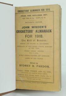 Wisden Cricketers’ Almanack 1918. 55th edition. Bound in brown boards, with original paper wrappers, gilt titles to spine. Minor marks to wrappers otherwise in very good condition. Rare war-time edition