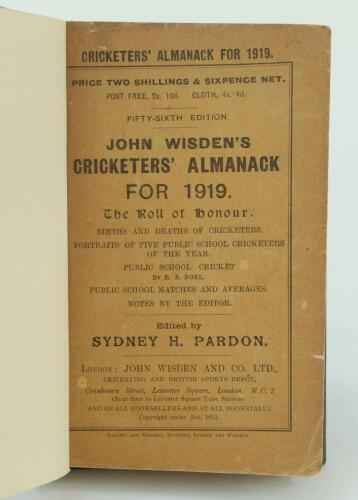 Wisden Cricketers’ Almanack 1919. 56th edition. Bound in brown boards, with original paper wrappers, gilt titles to spine. Minor marks and a little age toning to wrappers otherwise in very good condition. Rare war-time edition